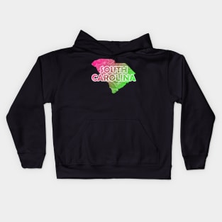 Colorful mandala art map of South Carolina with text in pink and green Kids Hoodie